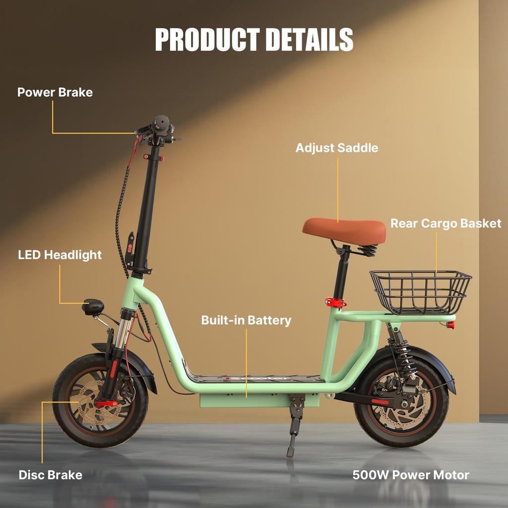 iScooter I12 Electric Scooter with Seat for Adults, 500W 12" Dual Suspensions Commuter EScooter with Basket, Height Adjustable Seat & Handlebar