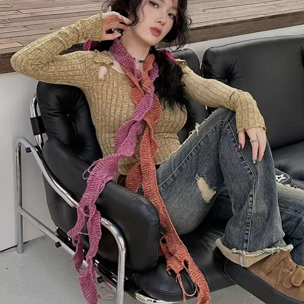 Irregular Knitted Scarf Solid Color Long Narrow Scarves Retro Ruffle Shawl  Streetwear