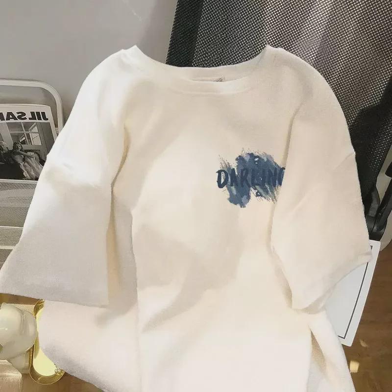 Женская шикарная свободная белая хлопковая футболка - короткий рукав в гонконгском стиле, большой размер, летний тренд