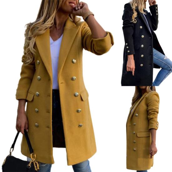 Шерстяное пальто с длинным рукавом, однотонное, дышащее, с отложным воротником, двубортное, женское пальто, верхняя одежда