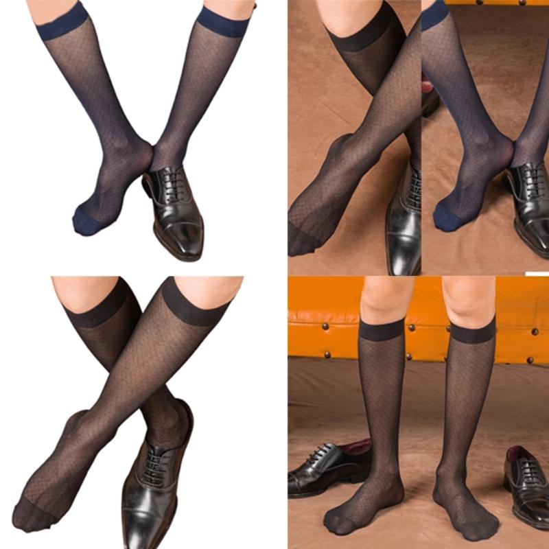 Elegant Mens Sheer Diamond Pattern Dress Socks See Through Nylon Business Formal Wear Thin Long Tube Over the Calf Socks