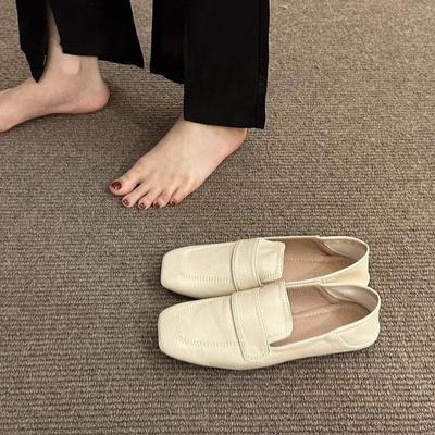 Весна 2024 новые туфли с квадратным носком в стиле ретро на плоской подошве, повседневные одинарные туфли из мягкой кожи на мягкой подошве, лоферы на одном педале, маленькие кожаные туфли женские