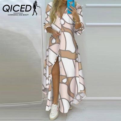 Весеннее женское однобортное платье-рубашка с разрезом и темпераментным принтом, длинная юбка