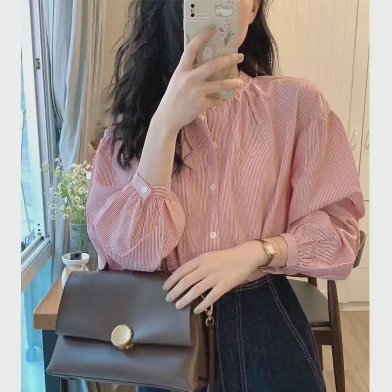 2025 Korean Style Pink Striped Summer Shirt for Women - Chic French Design