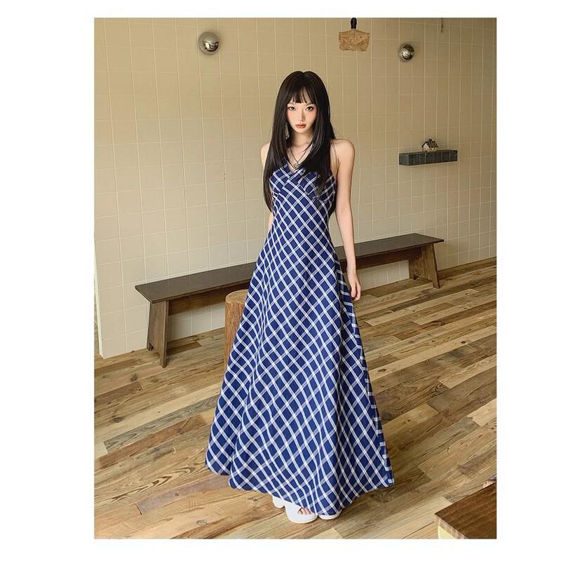 Blue Plaid Halter Neck A-Line Midi Dress Women High Waist Vacation Style 2025 TR Fabric