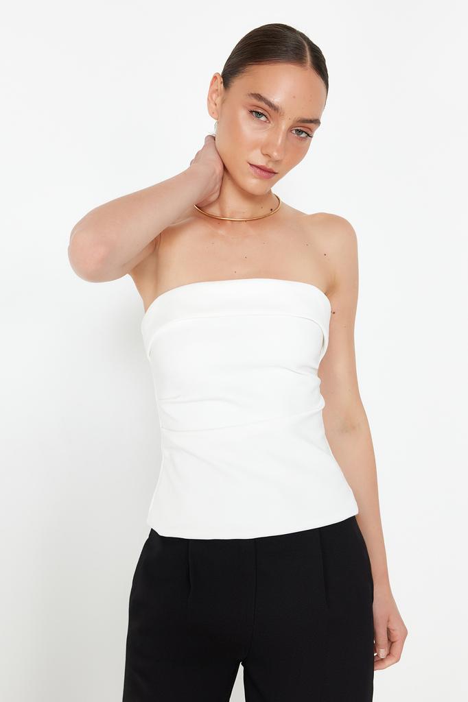 Women Fashion New Blouse Mink Strapless Fitted Woven Blouse