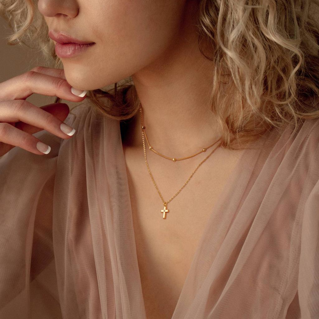 Женское ожерелье с двойным крестом, 18-каратное ожерелье, позолоченное циркониевое ожерелье, круглое ожерелье из бисера