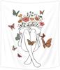 Abstract Woman Face Tapestry Floral Leaves Butterfly Art Line Lady Beige Black Flower Aesthetic Modern Sketch Minimalist Simple