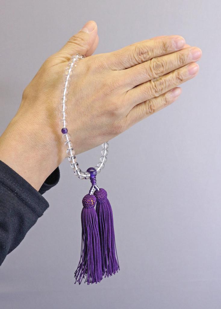 Nakago, founded in 1885, Kyoto prayer beads made of crystal and amethyst with a silk tassel and a prayer bead pouch (suitable for women of all sects)