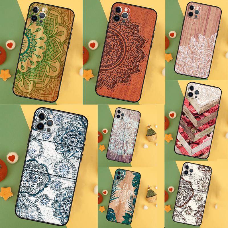 Mandala Wood Floral Case For iPhone 17 16 15 14 13 12 11 Pro Max Mini Plus 16e 17 Air Bumper Cover Accessories