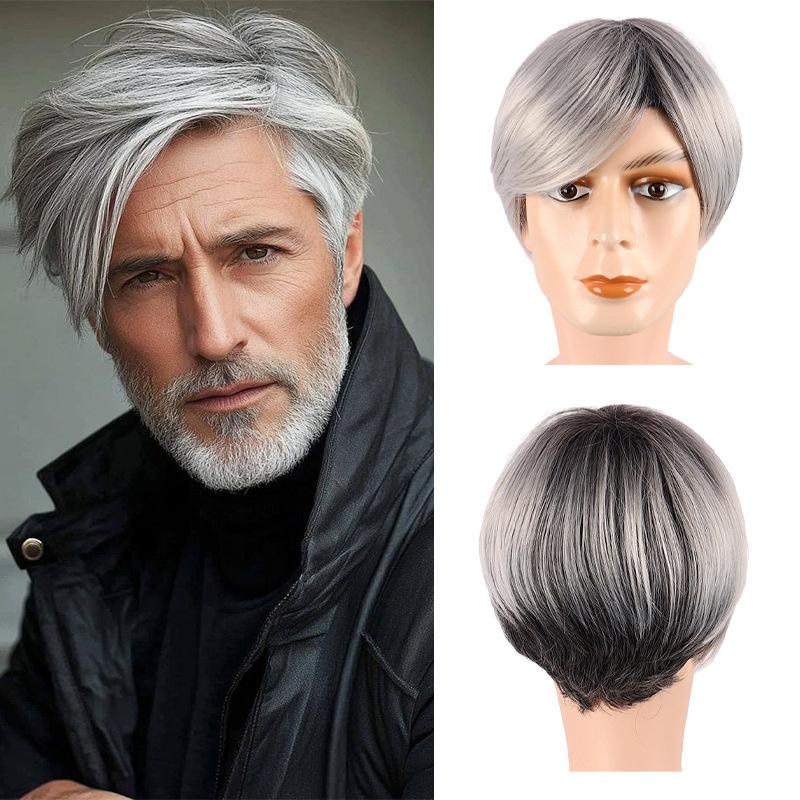 Synthetic Dark Root Ombre Grey Hair Wig for Men Cosplay Costume Anime Natural Ash Blonde Wigs Short Wave Old Man Wig with Bangs