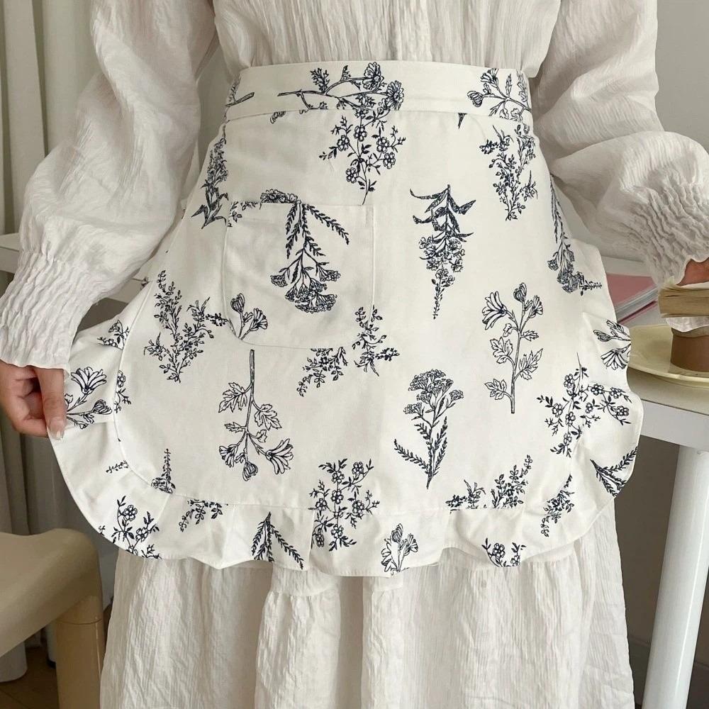 Fashion Floral Plaid Half Apron with Pocket Kitchen Cafe Baking Apron Restaurant Work Chef Waiter