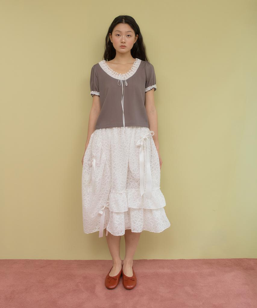 Sennyu Floral Sheer Ruffle Ribbon Skirt (White)