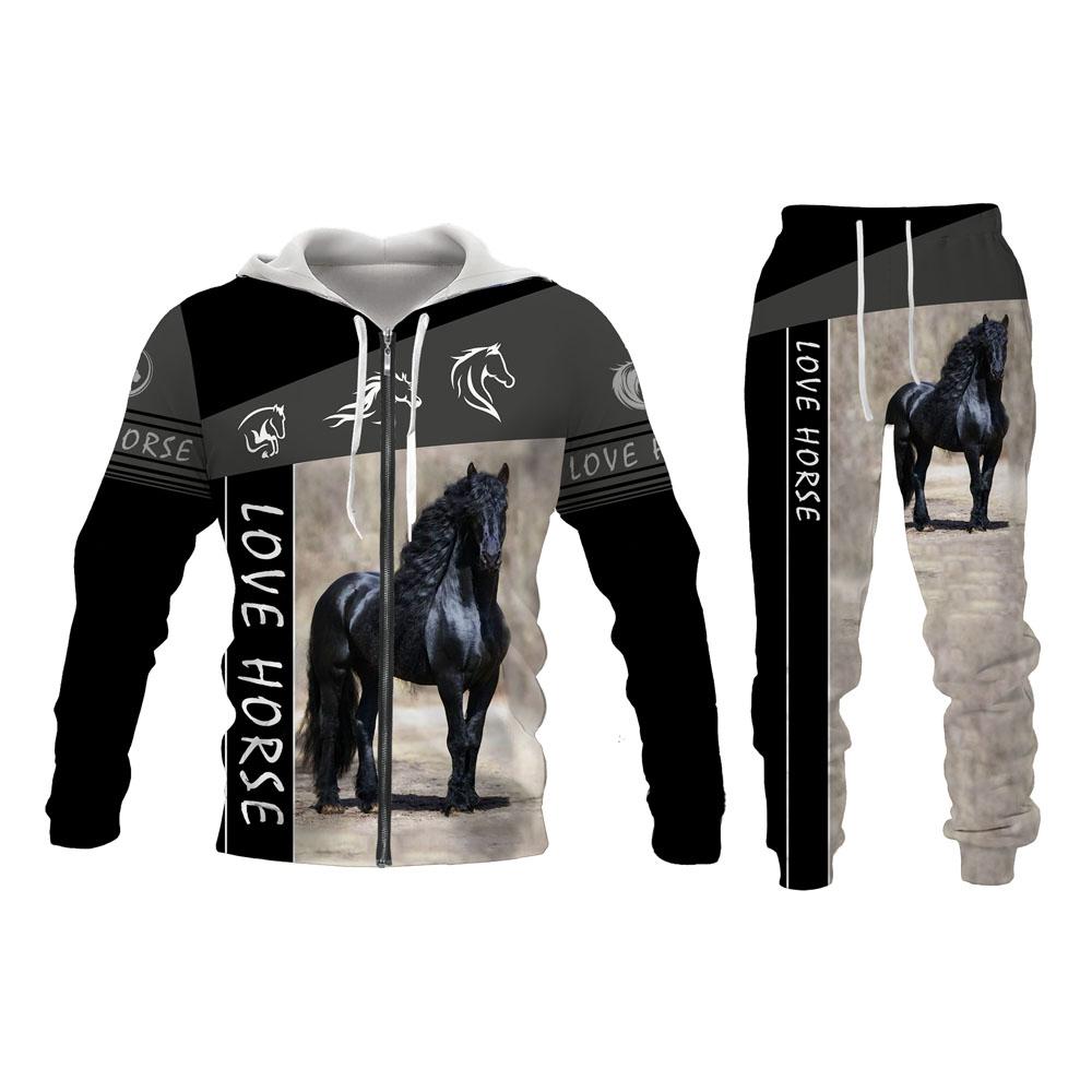 Спортивный костюм с 3D толстовкой с рисунком лошади и животного, Мужская забавная уличная куртка с капюшоном и костюм на молнии, комплекты с длинными рукавами