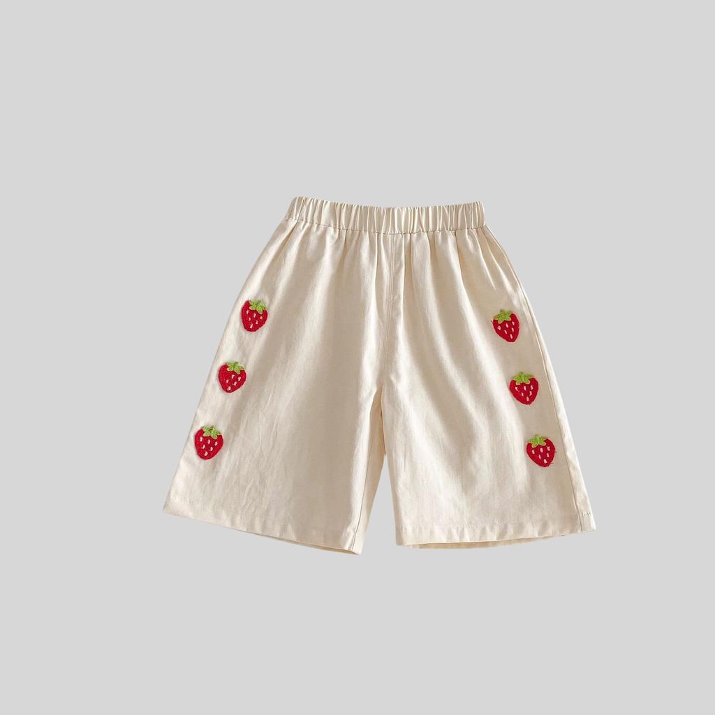 Summer Casual Kids Strawberry Embroidery Set Viscose Knitted Hollow Out Sleeveless Top & Cotton Polyester Straight Leg Shorts