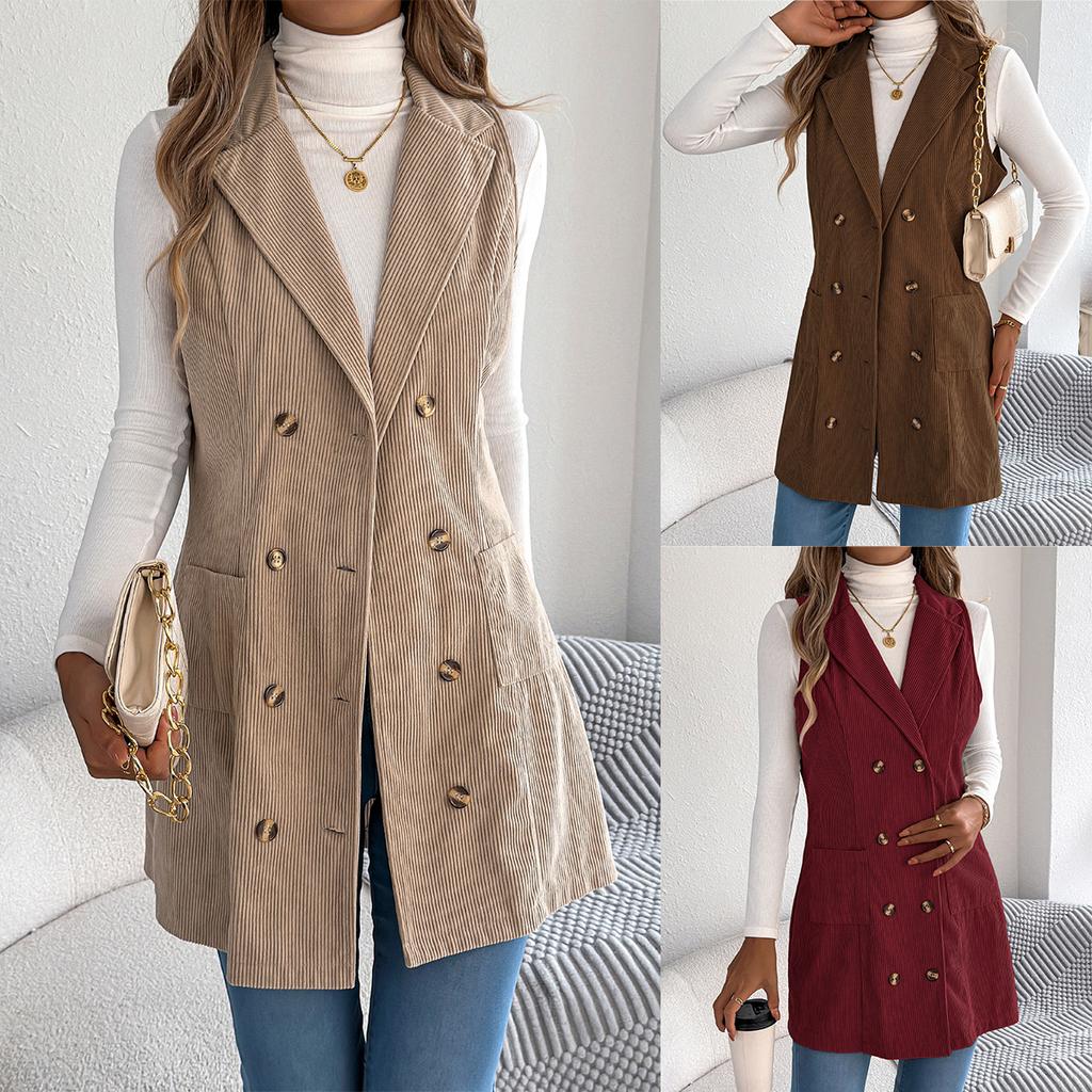 Autumn Winter Women's Corduroy Vest Solid Color Double-breasted Long Corduroy Vest Slim-fit Sleeveless Vest