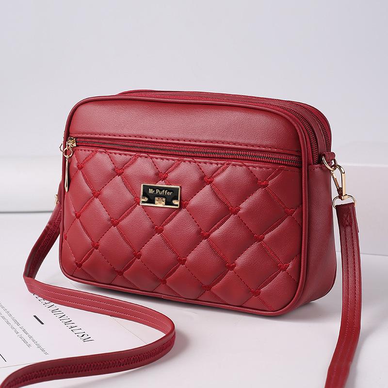 Women PU Leather Wave Embroidered Small Shoulder Bag Simple Solid Color Multi-layer Heart Decor Phone Crossbody Bag CLE