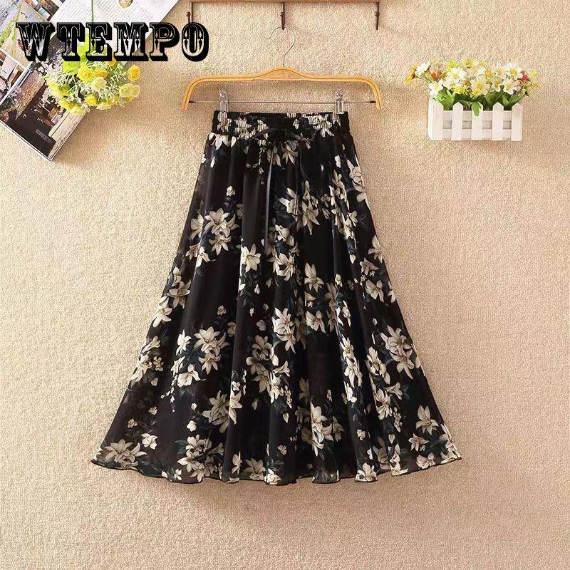 Женская юбка с цветочным принтом, летняя тонкая универсальная шифоновая юбка средней длины с высокой талией и принтом