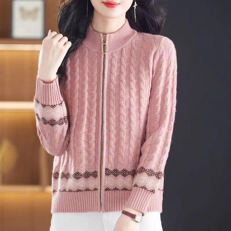 Осенний свободный трикотажный кардиган с воротником-стойкой для женщин, новый стиль, свитер для мам среднего возраста