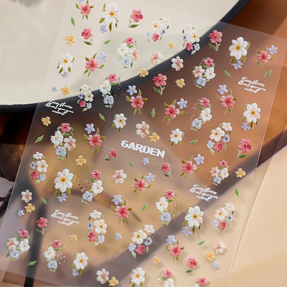 5D Pink Blue Floral Nail Art Stickers Petals Leaf Plant Embossed Nail Decals Spring Flower Design for DIY Nail Supplies