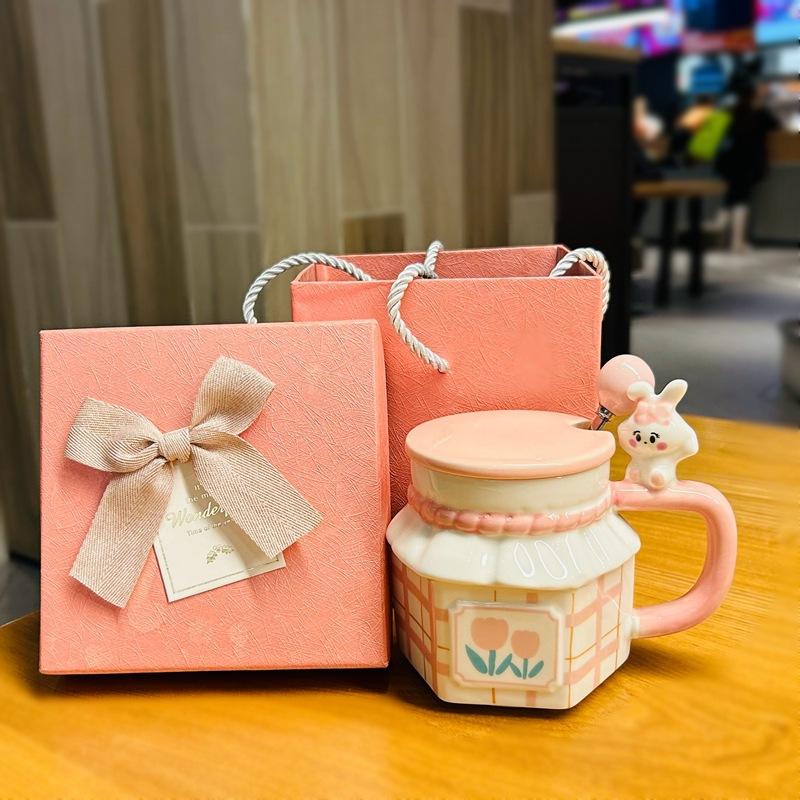 Пара кроликов Чашка-тюльпан Сувенир Подарок на день рождения Девочка Офисная чашка для воды Керамическая кружка с крышкой