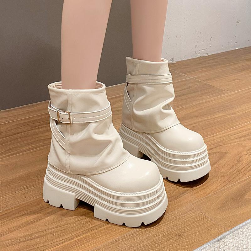 Модные женские ботильоны на высокой платформе Осень Зима Готический стиль Кожаная обувь Пряжка Панк Мотоциклетные ботинки Круглый носок Массивные кроссовки