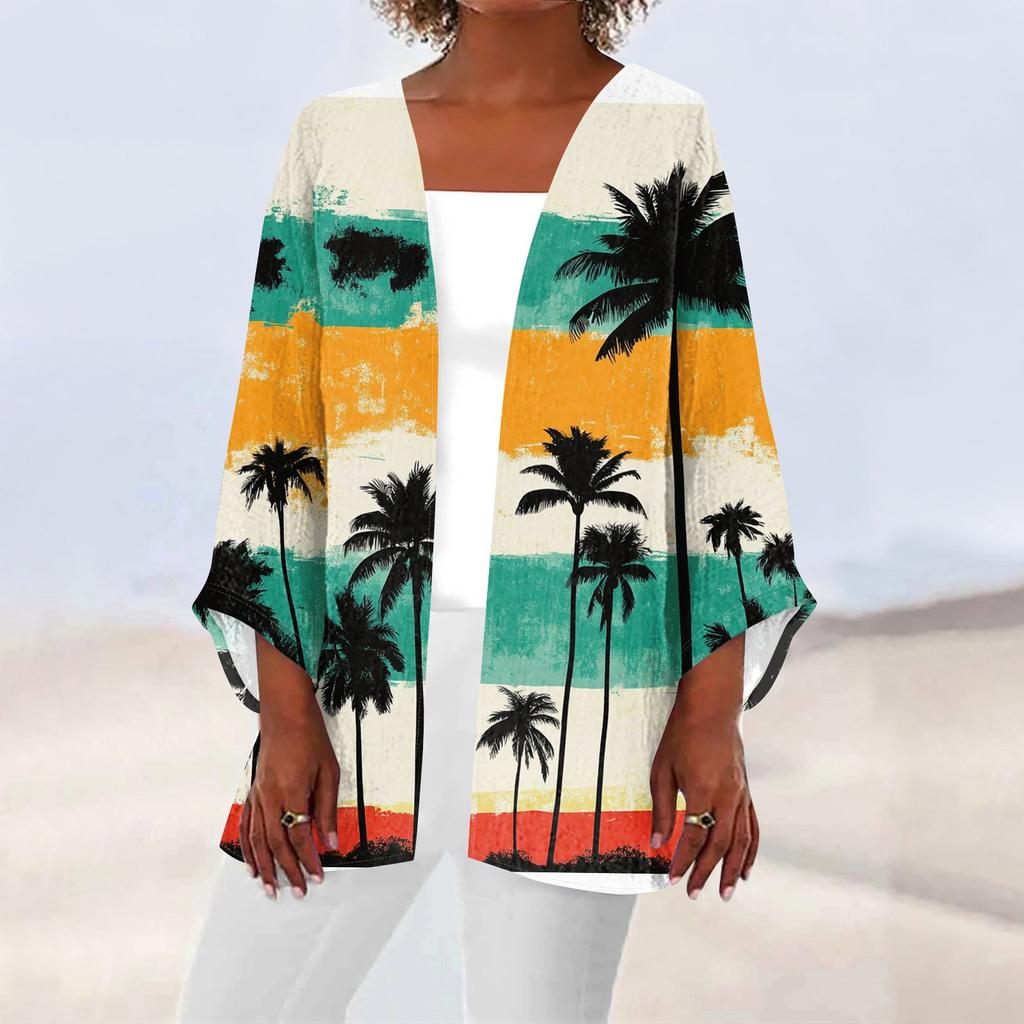 Women's Casual Fashion Beach Ocean Tree Print Lightweight Mid-Length Jacket Cardigan