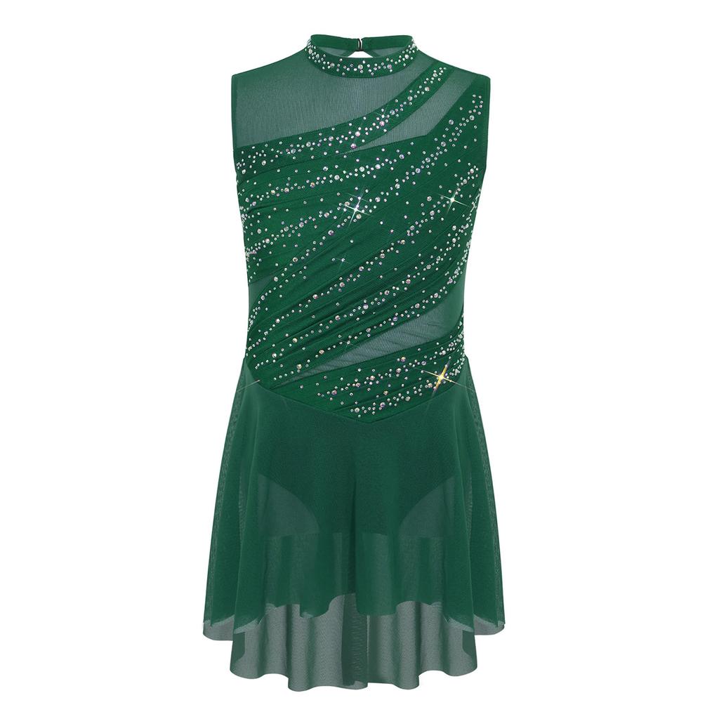 Девочки Сетчатое Пэчворк Без Рукавов Вырез на Спине Складки Асимметричный Подол Блестящий Стразы Платье Для Танцевального Выступления