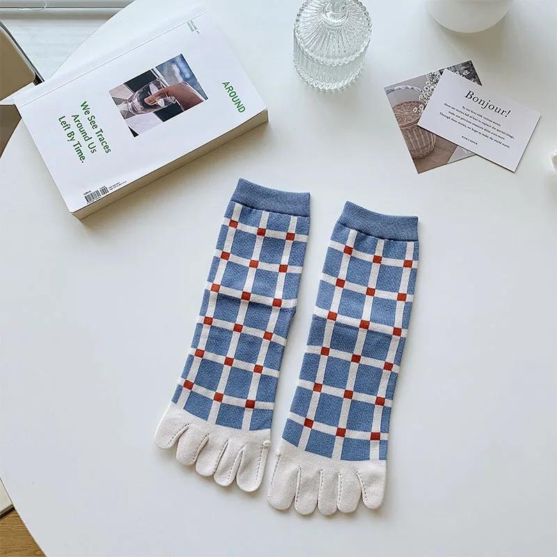 2 Pairs Five Finger Women Animals Cartoon Print Japanese Cute Socks Casual Plaid Floral Vintage Female Sock