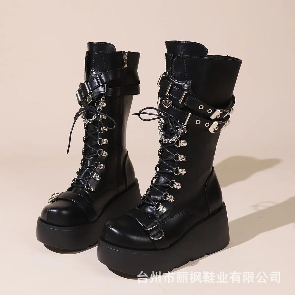 Platform Boots Riveted Buckle Wedges High Women's Boots Punk Spice Chic Biker Rider Boots