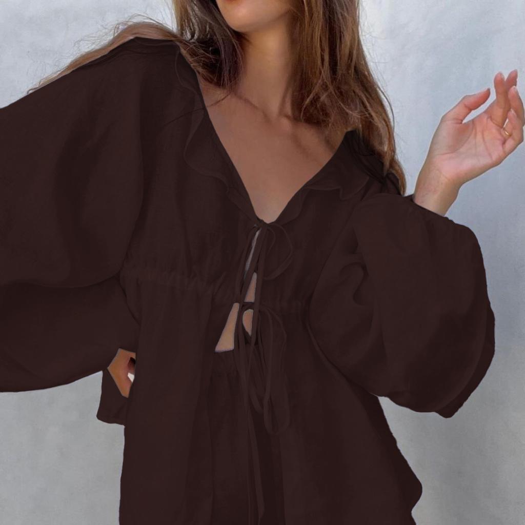 Повседневный осенний комплект в французском стиле, новая мода, хлопок и лен, V-образный вырез, топ с рукавами-буфами, шорты, комплект из двух предметов