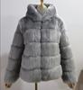 LJX Winter Sheepskin Coat Female Short Jacket Warm Soft Zipper Artificial Fox Fur Hooded Collar Fashion Female Plush Coat Jacket Women Warm Thickened
