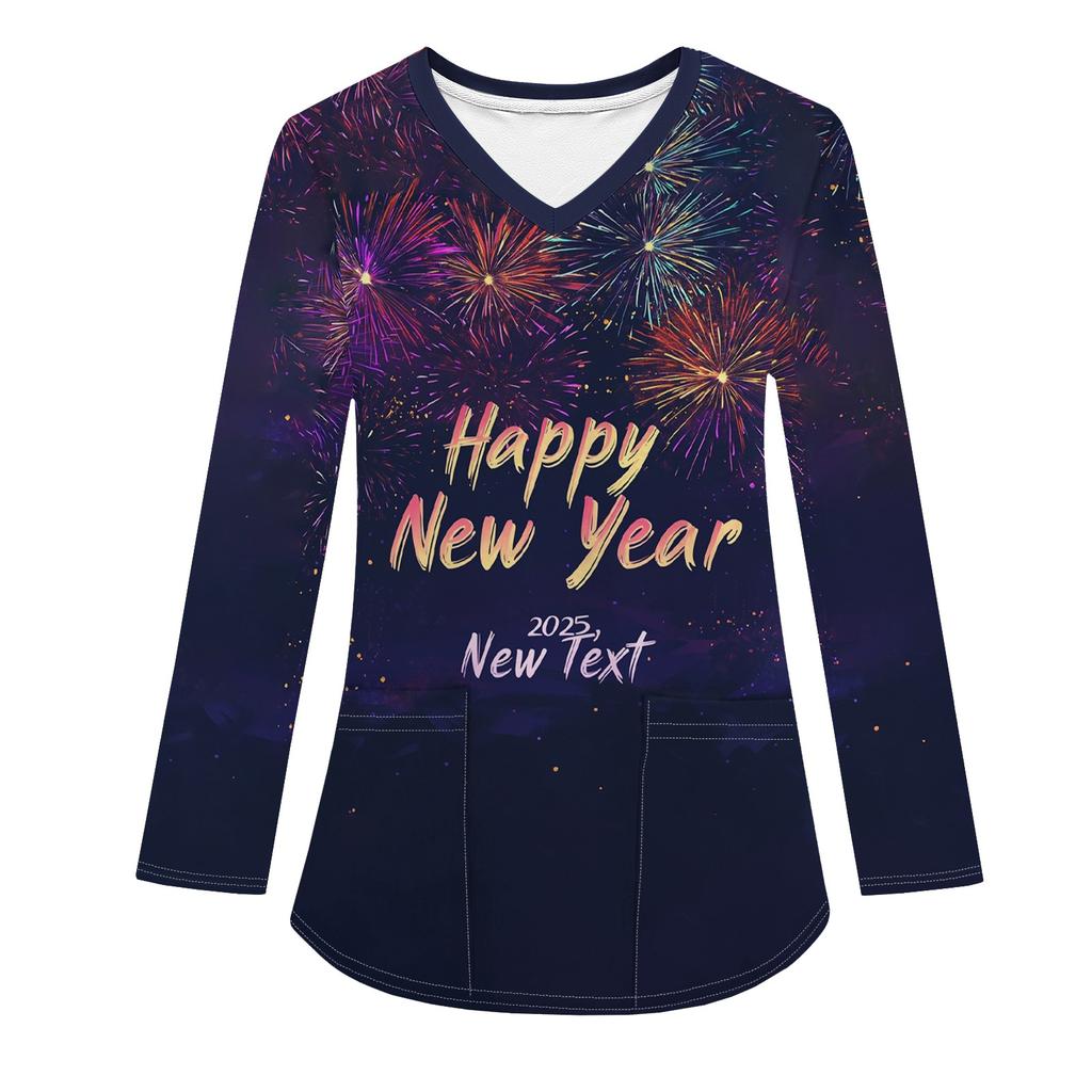Женская модная рабочая одежда с V-образным вырезом, длинным рукавом и карманом, рождественский принт, футболка, топ
