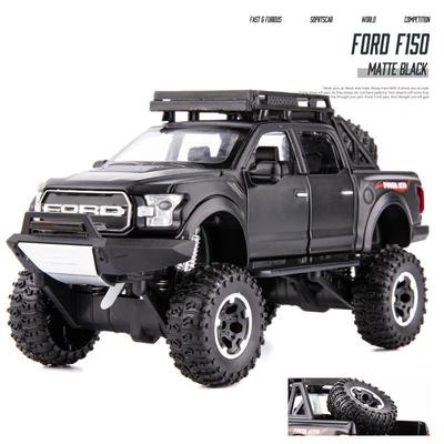 1:32 масштаба Ford Raptor F150, литая под давлением модель автомобиля из сплава с большими колесами, со звуковым светом, откатным автомобилем, игрушки для детей, рождественские подарки,