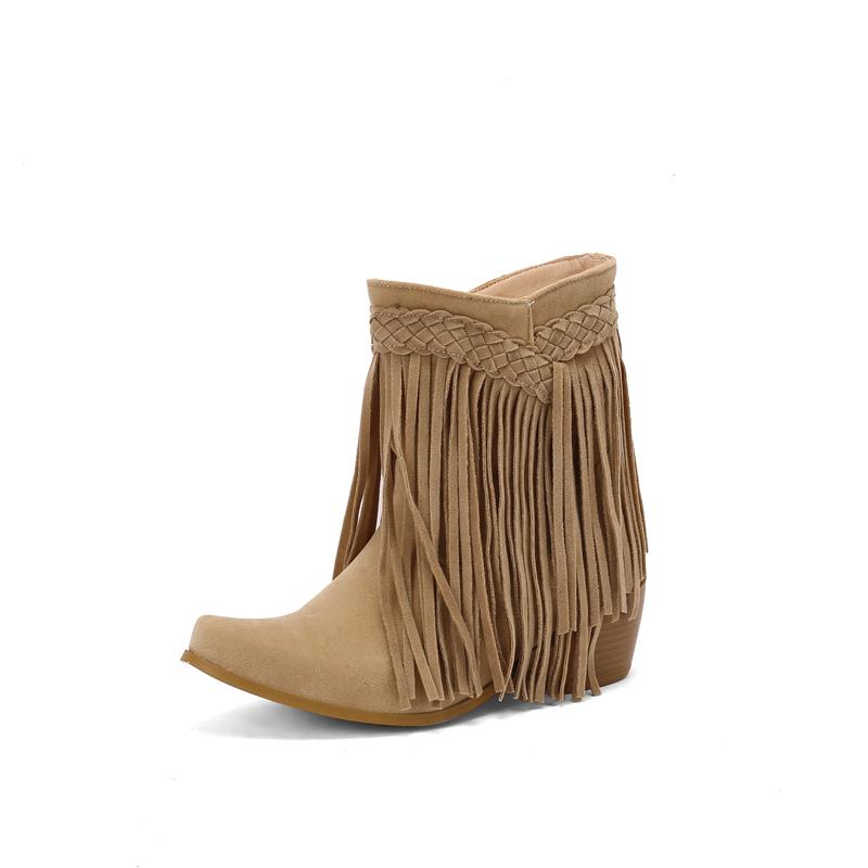 Autumn Winter Women Retro Tassel Ankle Boots Faux Suede High Heels Women Western Cowboy Fringe Booties Plus Size 46 Woman Shoes