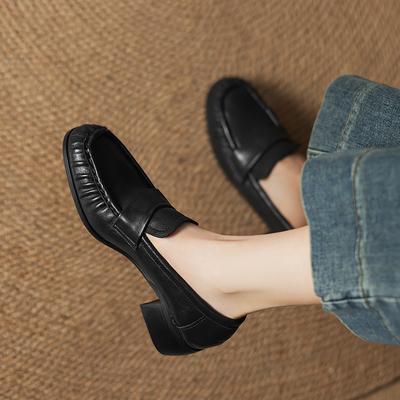 Женские туфли на низком каблуке, модели весна-осень, полностью кожаные на толстом каблуке больших размеров, повседневные лоферы.