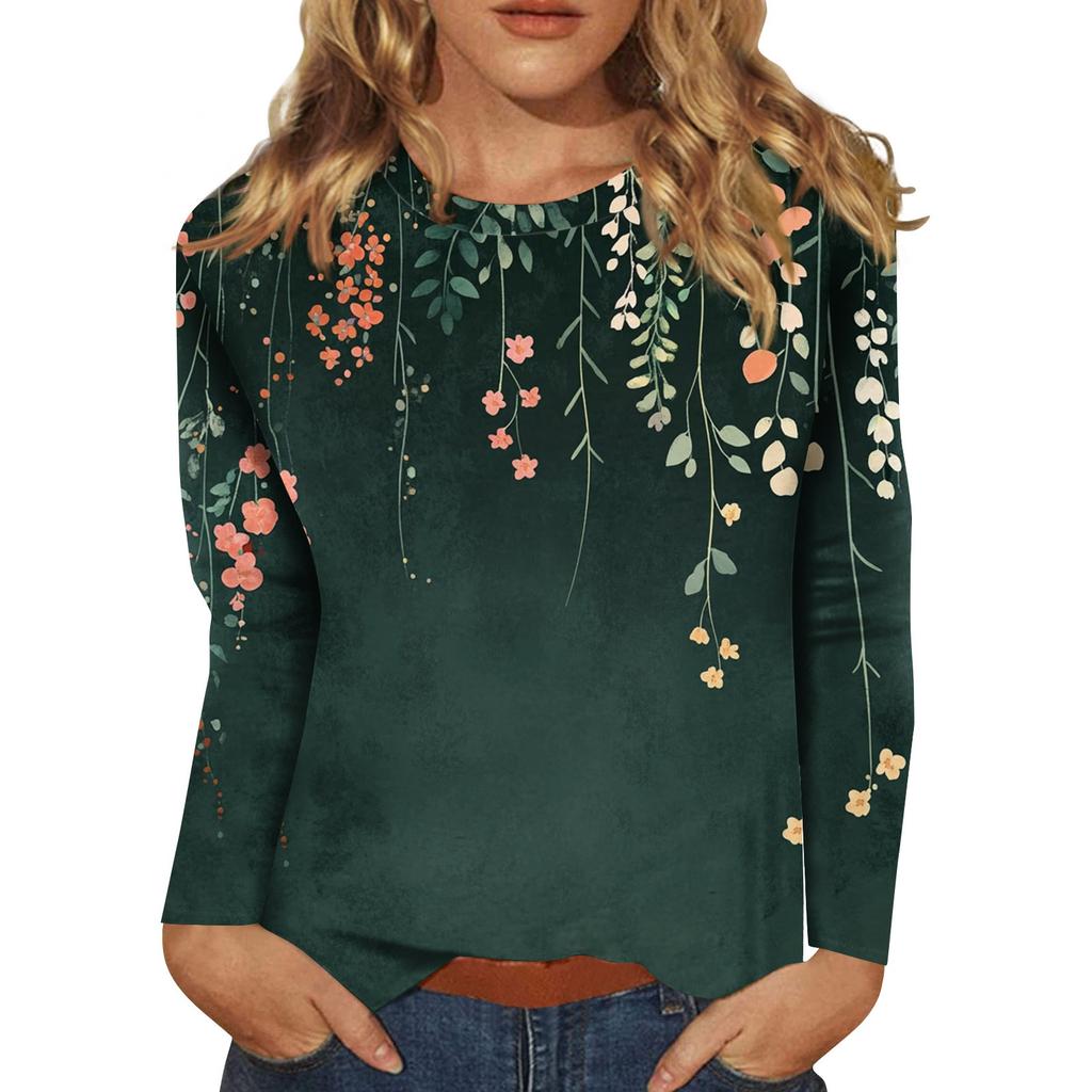 Женская мода повседневный топ с длинным рукавом и круглым вырезом с цветочным принтом