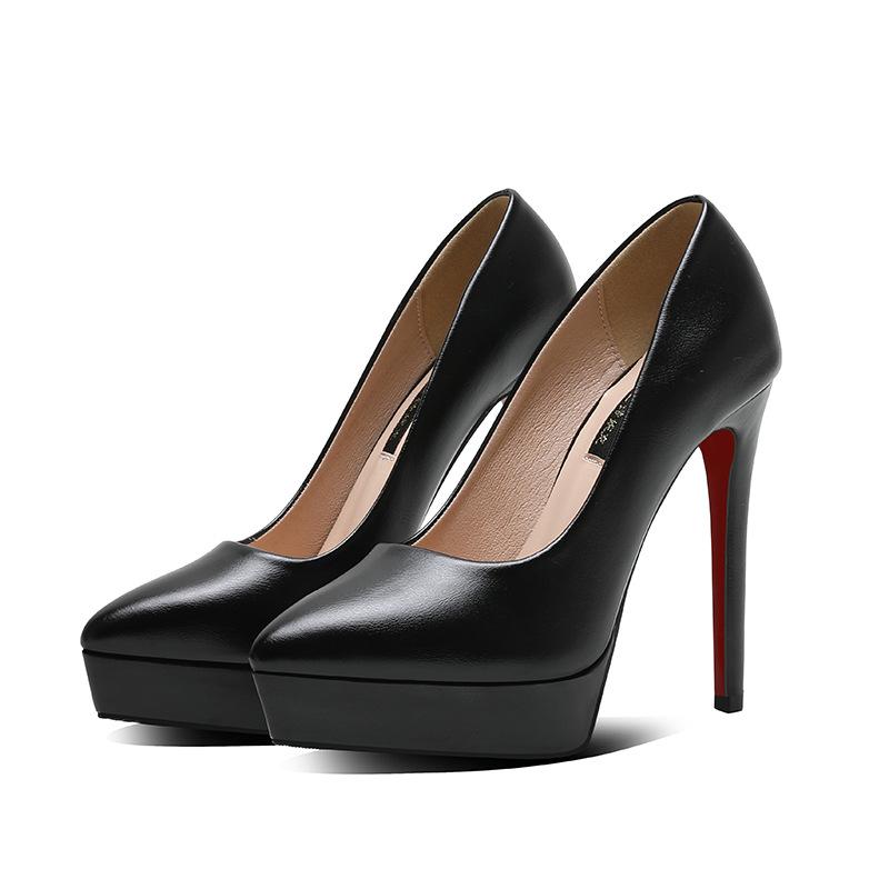 Мода Роскошные Женские Туфли Весна Осень Слипоны Платформа Искусственная Кожа 12см Тонкий Каблук Корейский Стиль Повседневная Женская Профессиональная Обувь Черный