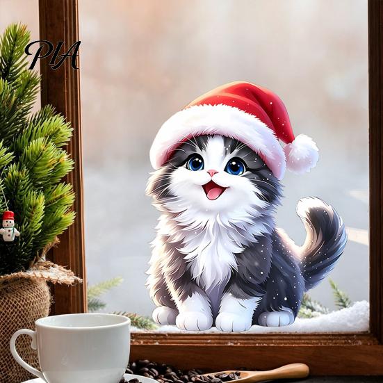 Cute Animal Pattern Stickers Christmas Cat Window Sticker, Kitten Static Cling, Removable Reusable Clings Waterproof Holiday PVC Decal for Living Room