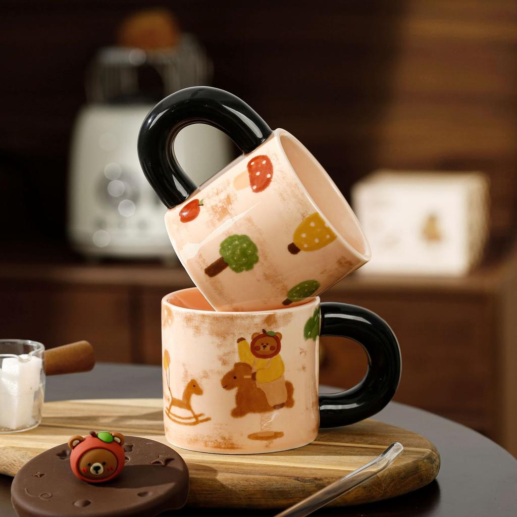 Cute Apple Bear Ceramic Cup with Silicone Lid Straw Water Cup High Precision Cute Mug Household Cup Gift