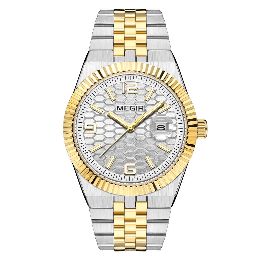Megir Часы мужские наручные с большим циферблатом, деловые, для отдыха, из нержавеющей стали, водонепроницаемые, люминесцентные, с автодатой, подарок для мужчин, Reloj Hombre 1101