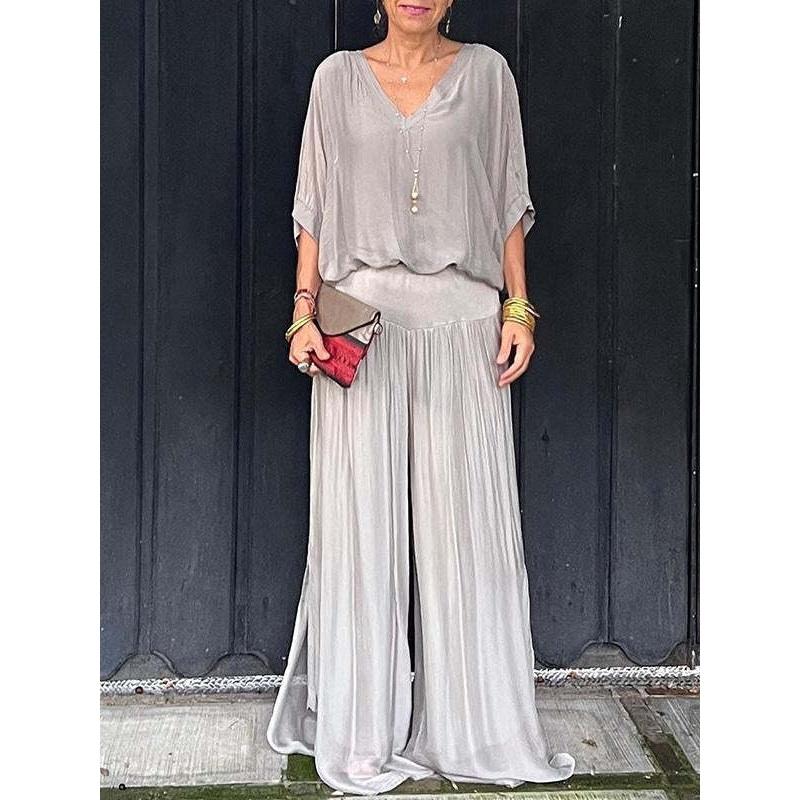 Женский летний однотонный свободный костюм для офиса, удобный свободный круглый вырез, футболка + брюки, комплект из 2 предметов