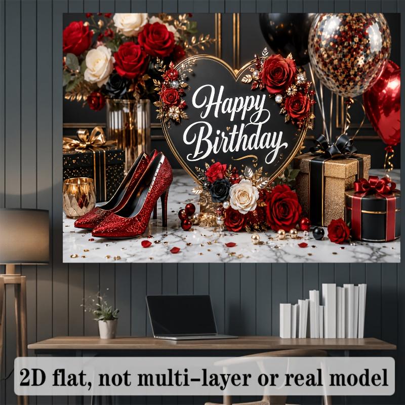 2D plane red-black-gold wind birthday celebration theme banner background featuring elements of roses gifts and high heels