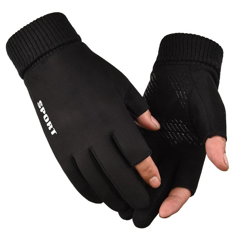 Замшевые ребристые мужские и женские парные зимние теплые перчатки с сенсорным экраном для езды на велосипеде на открытом воздухе, герметичные плюшевые утолщенные перчатки с двумя пальцами и половиной пальцев