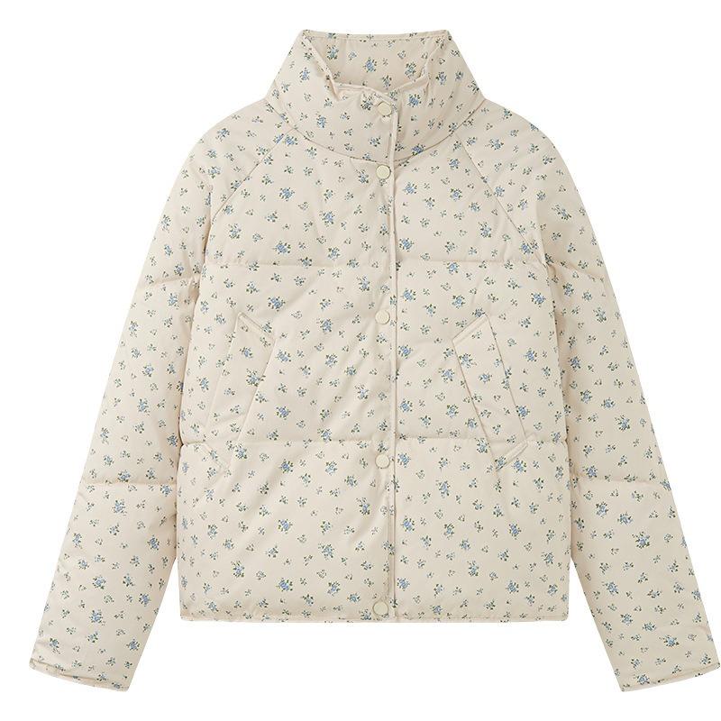 New Floral Short Down Cotton Clothes, Winter New Small Fresh and Sweet Stand-up Collar Thickened Bread Clothes Jacket