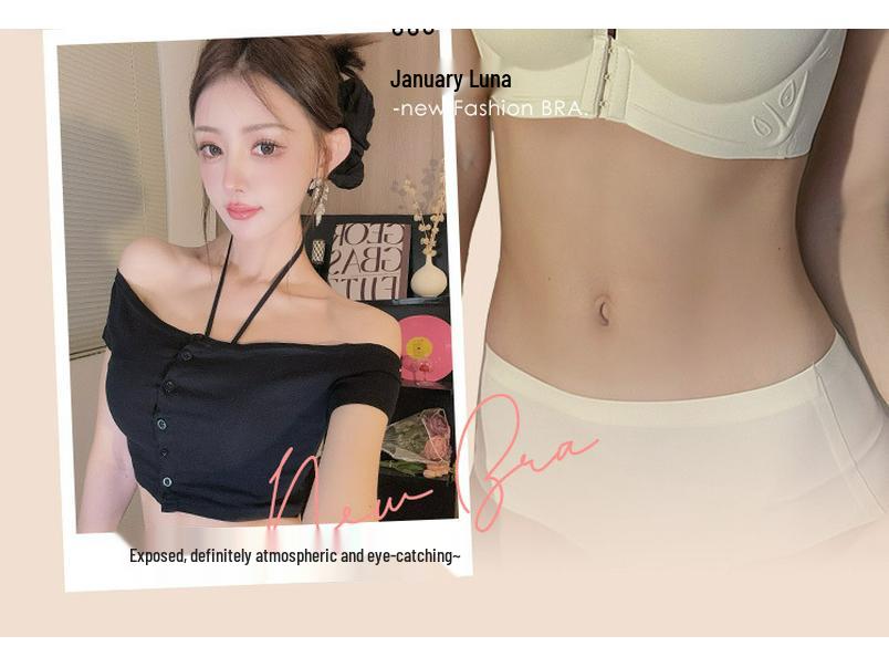 Women's Push-Up Halter Bra, Front Buckle, Wire-Free, Anti-Sagging, with Side Support.