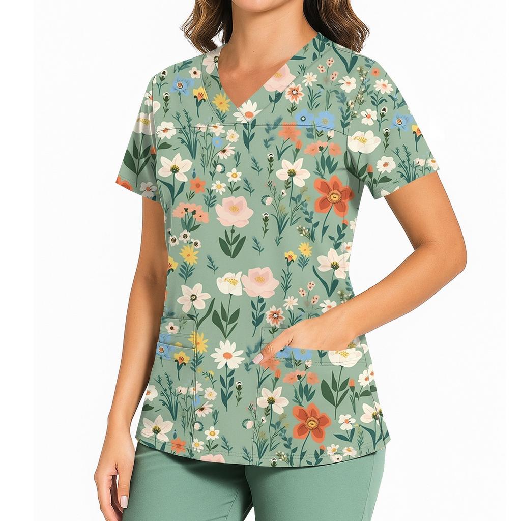 Женский повседневный топ с принтом, V-образным вырезом, карманом, боковым разрезом и короткими рукавами