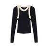 French retro knitted sexy black and white contrasting design, niche basic vest, layered long sleeved sweater two-piece set