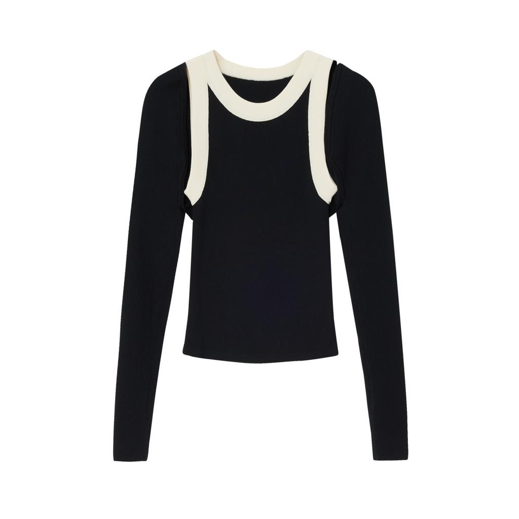 French retro knitted sexy black and white contrasting design, niche basic vest, layered long sleeved sweater two-piece set