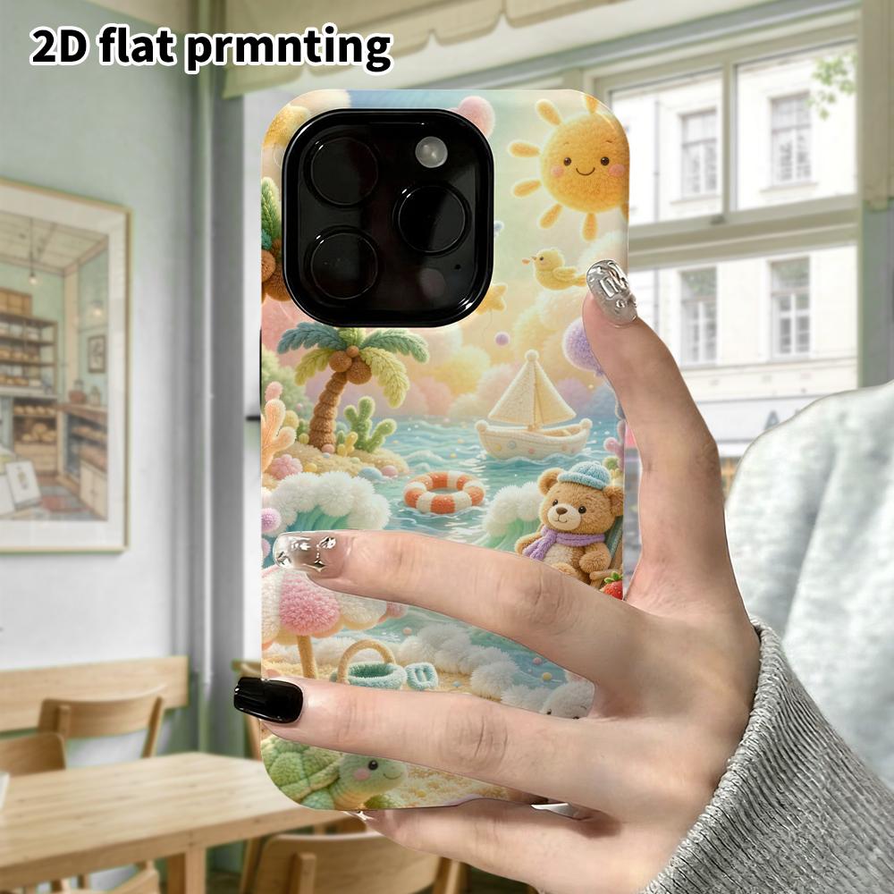 Phone Case: 2D flat, suitable for iPhone 18 17 16 15 14 13 12Pro protective case, cute bear beach vacation, perfect Christmas and Halloween holiday gi